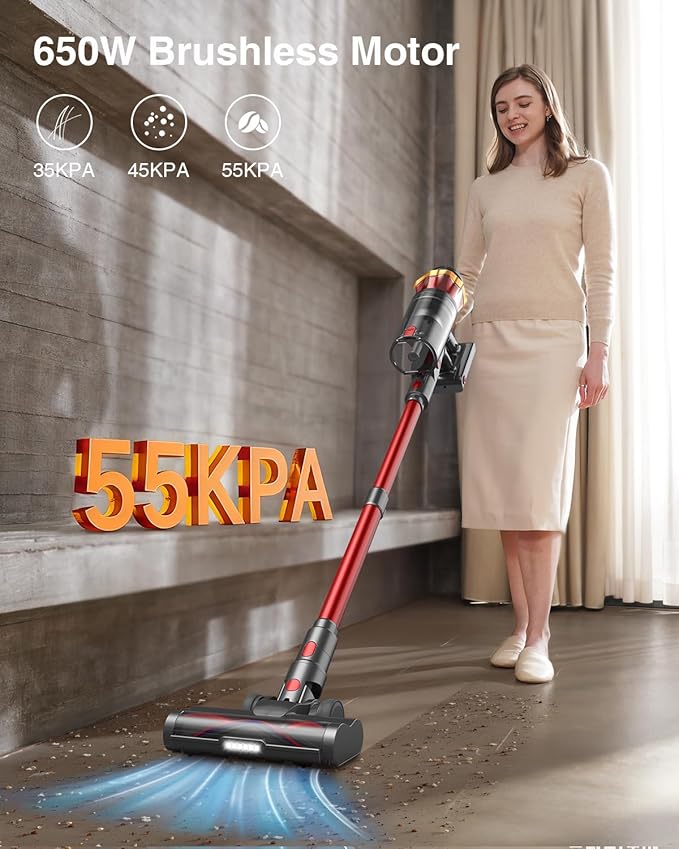Cordless Vacuum Cleaner 650W/55KPa 70Mins Vacuum Cleaners for Home Self-Standing Stick Vacuum with Anti-Tangle Brush &amp OLED Touch Screen Vacuum Cleaner for Hardwood FloorsCarpetPet HairCar (