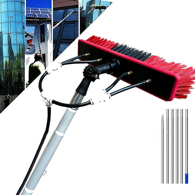 Telescopic Water Fed Cleaning Brush - 180° Rotating Brush Head Extendable Up to 10m Ideal for Outdoor Window Glass and Solar Panel Cleaning.