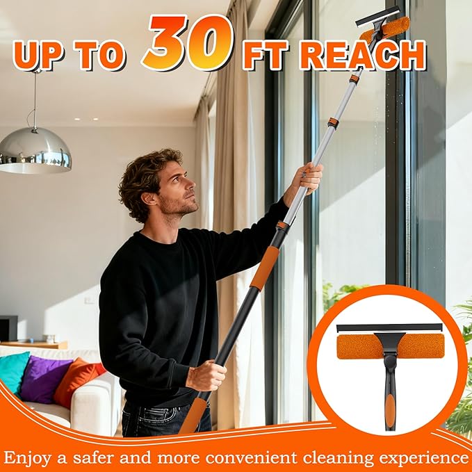 36FT Reach 2-in-1 Window Squeegee Professional Window Washing Kit with 7-30FT Extension Pole for Home Indoor Outdoor Squeegee with Rotatable Head for High Windows