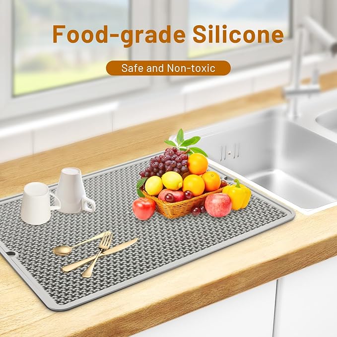 Large 20x15 Dish Drying Mat for kitchen Counter | Super Absorbent Food-Grade Silicone Double-Layer Design Non-Slip &amp Easy to Clean | Drainer Pad for Sink Coffee Machine &amp Drying Rack | G