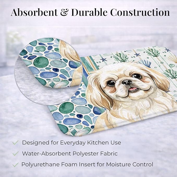 Caroline's Treasures Cream Pekingese Coastal Sea Glass Dish Drying Mat Absorbent Dish Drying Mat Pad for Kitchen Counter Dish Drainer Mat for Countertop 14 x 21 Multicolor