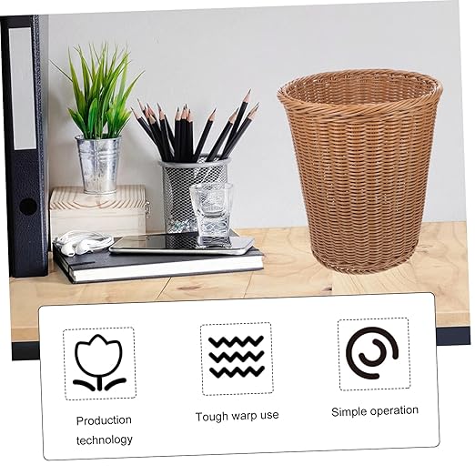 Rust-Resistant Iron Trash Can Woven Rattan Imitation Wastebasket Decorative Round Waste Bin for Office Home and Bedroom Handcrafted Design No Lid