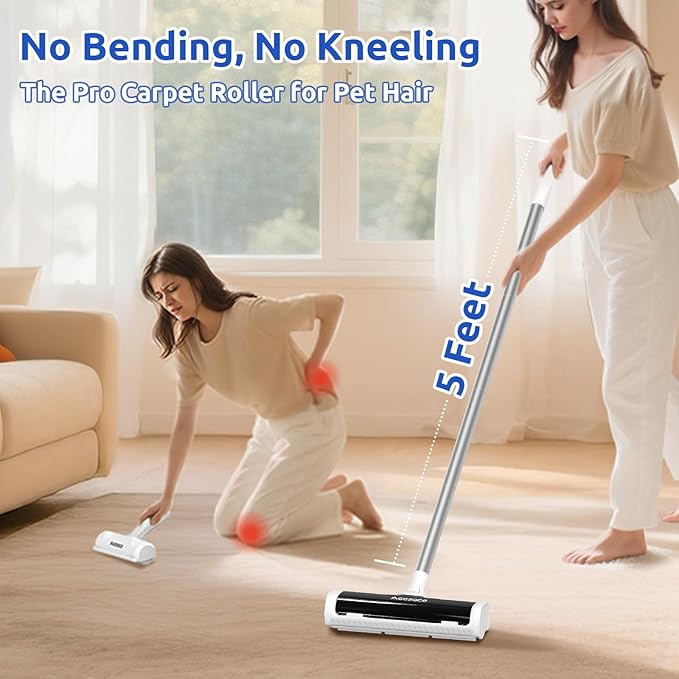 ACE2ACE A3 Pro Carpet Roller for Pet Hair Carpet Pet Hair Removal Tool Reusable Large Lint Rollers 5 Feet Long Handle No Bending No Kneeling Cat Dog Hair Remover for Carpet Rugs Mats Black
