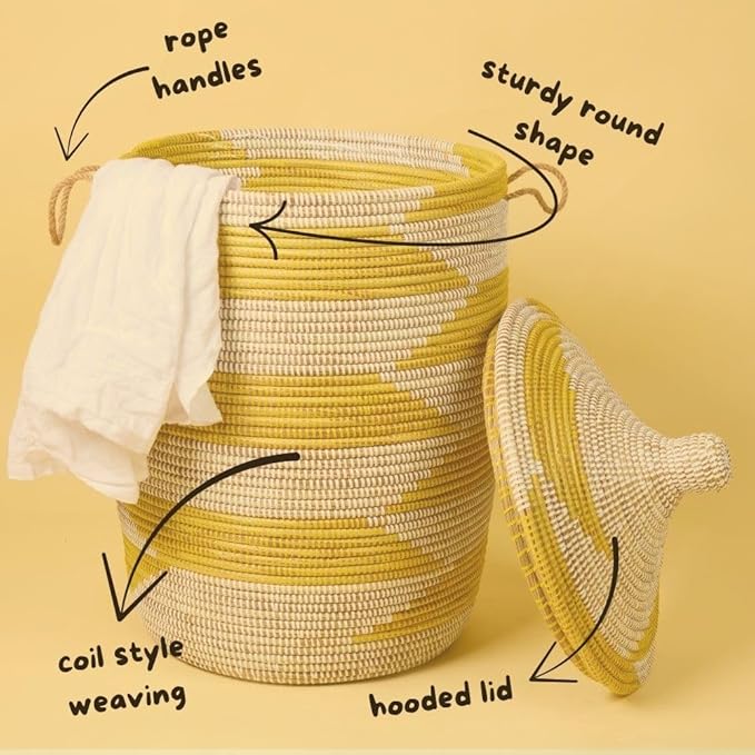 Large Wicker Basket Yellow and White 18 Inch Wide 23 Inch Tall