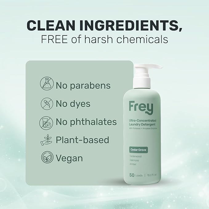 FREY Concentrated Liquid Laundry Detergent | Formulated for Sensitive Skin &amp HE Washers | Removes Stains Effectively | 50 Loads per Bottle (1-pack Cedar Grove)