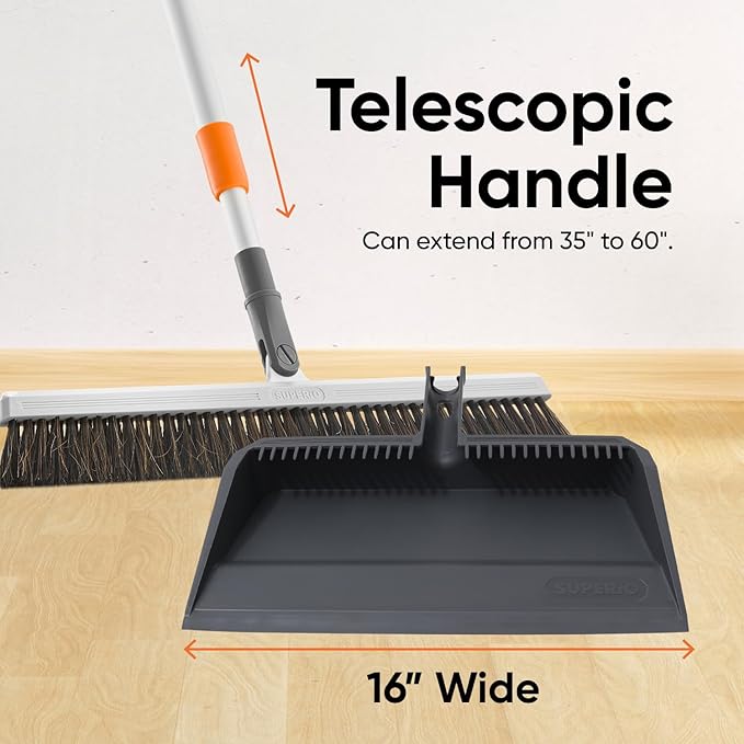 Superio 18 Horse Hair Upright Broom with Telescopic Handle &amp 16 Gray Dustpan with Comb Rubber Lip &amp Clip – Narrow Thin Dust Broom for Dog Hair – Hardwood &amp Tile Floor Cleaning Set – Gra