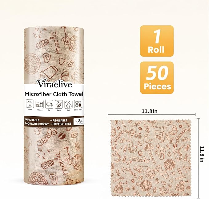 Microfiber Cleaning Cloth Roll 50-Count Reusable Durable Absorbent Lint-Free Non-Scratch Towels Dish Rags for Kitchen &amp Home Studio Multi-Purpose Food Pattern 12x12 in
