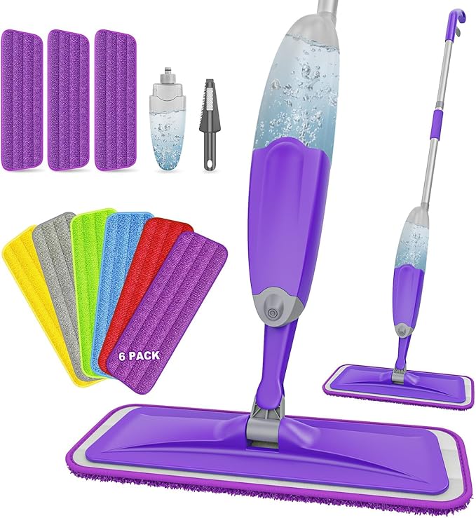 HOMTOYOU Spray Mops with 9 Reusable Pads: Wet Mop for Hardwood Tile Wood Laminate Vinyl - Absorbs Pet Hair Dust