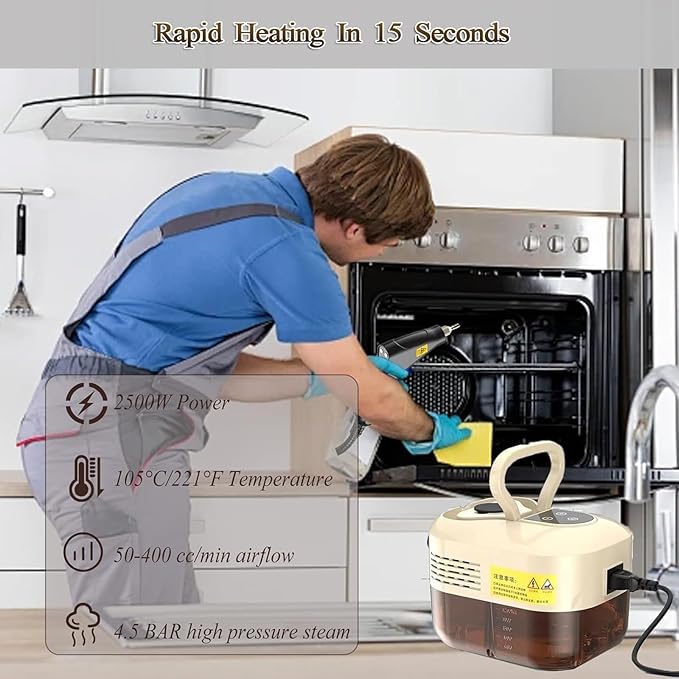Handheld Steam Cleaner 1500W High Pressure Steamer With 3 Brush Heads 15s Heat-Up 6-Level Temp 1.2 L Water Tank Portable Steam Cleaning Machine for Car Kitchen Bathroom(Style2)