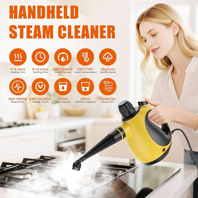 Handheld Steam Cleaner for Home - Pressurized Handheld Steamer for Cleaning with High Pressure Chemical-Free Multi-Purpose Portable Deep Steam Cleaner for Cleaning Windows Couch(Yellow)