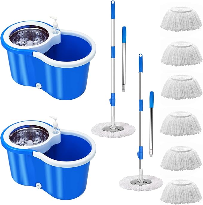 Spin Mop and Bucket with Wringer Set 360° Spin Mop &amp Bucket Floor Cleaning System Mop Bucket with 61 Adjustable Extended Handle 3 Replacement Microfiber Refills Set of 2