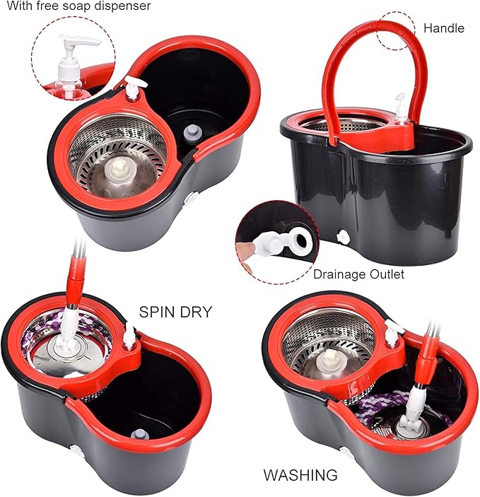 Mop and Bucket Set 360° Spin Mop and Bucket with Wringer Set and 6 Microfiber Mop Refills Stainless Steel 61 Extended Handle Spinning Mop Bucket System for Floor Cleaning (2 Sets)