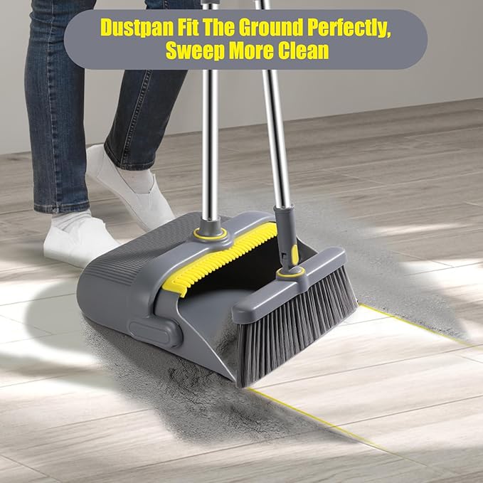Broom and Dustpan Set with 54 Long Handle Windproof Stand-Up Dustpan &amp Broom Combo with 8-Piece Cleaning Tool Kit for Home Kitchen Office &amp Pet Hair Cleaning