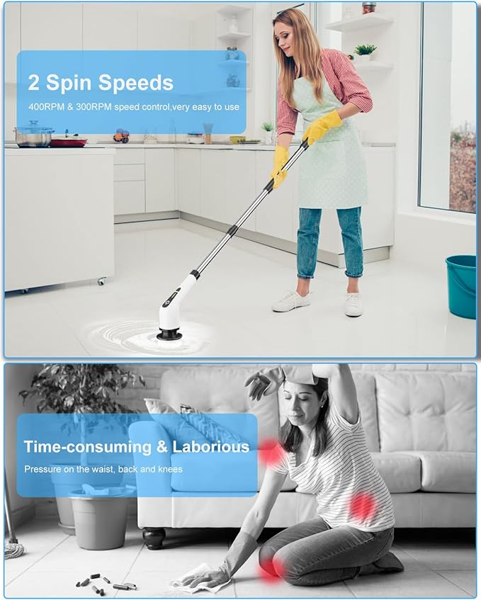 Leebein Electric Spin Scrubber Cordless Cleaning Brush with 8 Replaceable Brush Heads Tub and Floor Tile 360 Power Scrubber Dual Speed with Adjustable &amp Detachable Handle for Bathroom Kitchen Ca