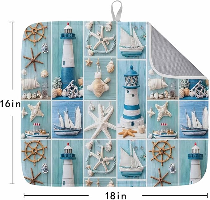 Blue Check Nautical Dish Drying Mat 16 x 18 Inch Lighthouse Coastal Absorbent Microfiber Coffee Mats for Kitchen Starfish Anchor Wooden Quick Drying Dish Drainer Pad 2 Pack