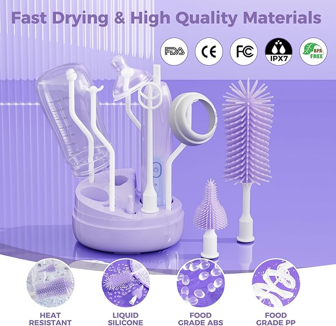 Electric Bottle Brush CleanerRechargable Electric Baby Bottle Brush Cleaner with ThermometerSilicone Bottle/Nipple/Straw BrushDrying RackTravel Bottle Cleaner Kit for New Moms (Violet)