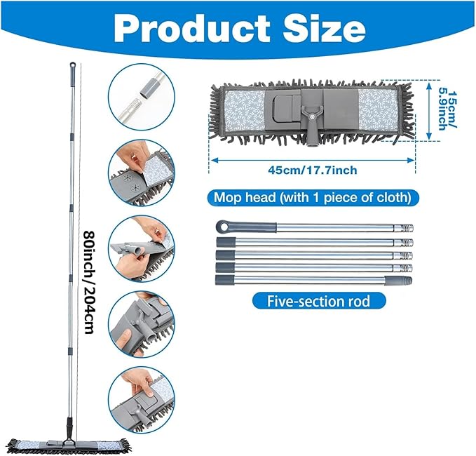 Long Handle Mop Extendable Splicing Rod Dry &amp Wet Rotating Wall Dust Cleaning Brush Ceiling Cleaner Household Tools(Grey-1cloth 5rod)