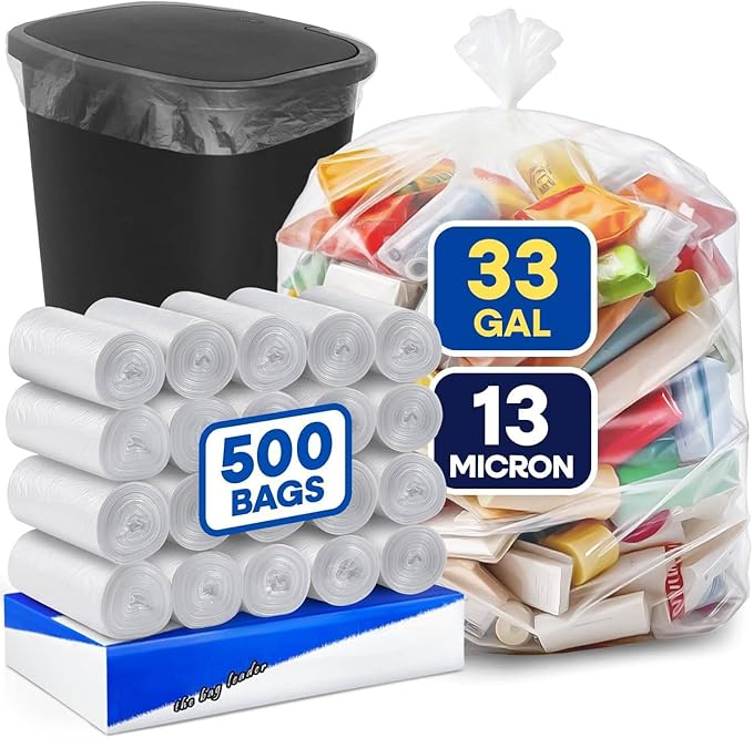 Plexon Clear Trash Bags 33 Gallon – W x 33 in. L x 40 in High-Density Garbage Can Liners 13 Micron Thick – Fits Round &amp Square Cans – Bulk Pack of 500 – Heavy-Duty Bags for Indoor and Outdoor U