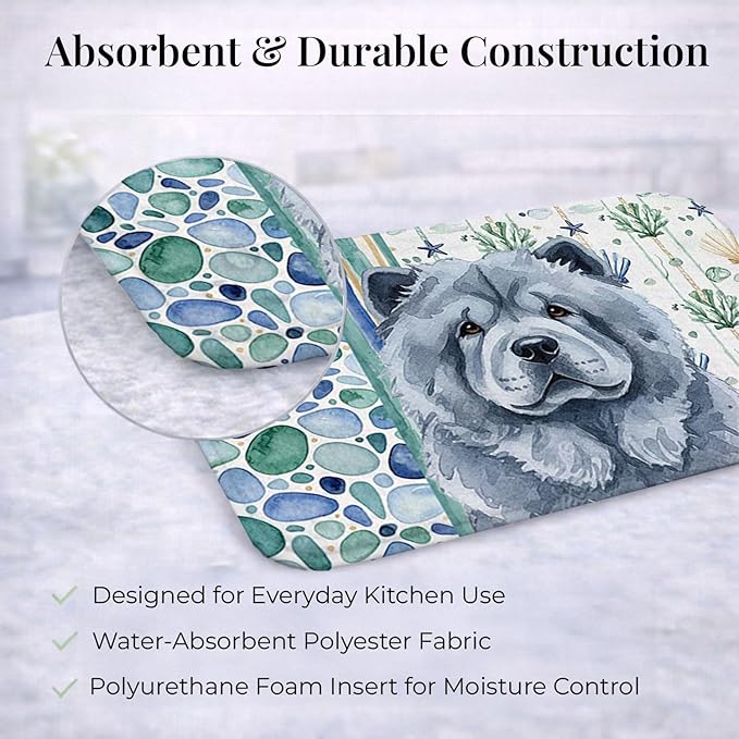 Caroline's Treasures Blue Chow Chow Coastal Sea Glass Dish Drying Mat Absorbent Dish Drying Mat Pad for Kitchen Counter Dish Drainer Mat for Countertop 14 x 21 Multicolor