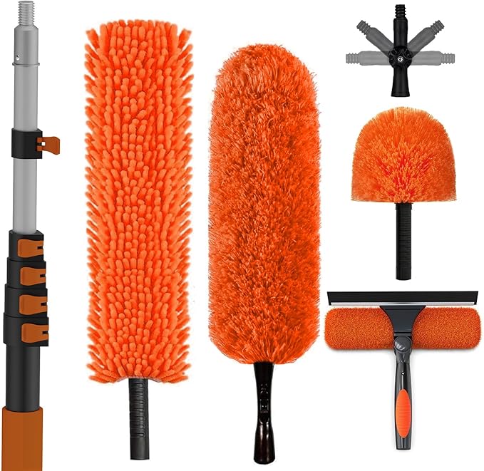 30FT Reach High Ceiling Duster Kit Window Cleaning kit with 5-24FT Extension Pole Fan Duster for Ceiling Fan Blades Microfiber Feather Duster Rotatable Window Squeegee and Cobweb Duster