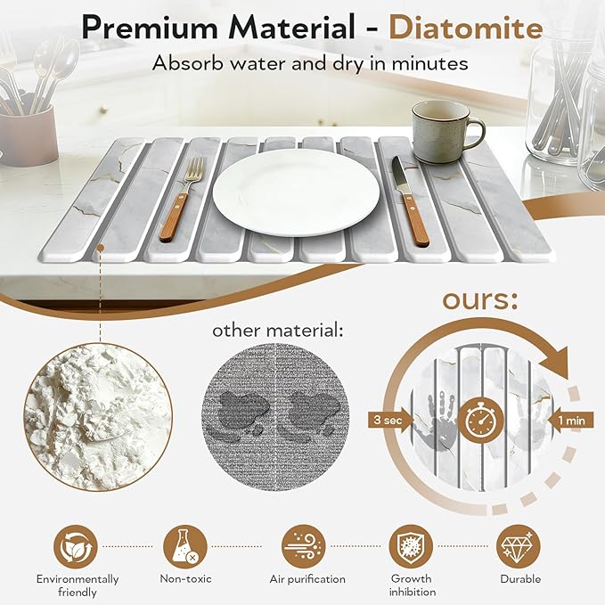 Diatomaceous Earth Dish Drying Mat Foldable Quick Dry Stone Drying Mats for Kitchen Counter Countertop Water Absorbent Stone Bath Mat for Bathroom with Towels Non Slip Pad 24×16
