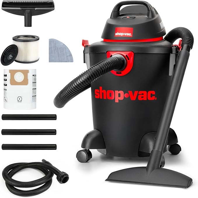 Shop-Vac 5985005 6 Gallon Wet/Dry Vacuum 3.5 Peak HP 1.25 Inch Diameter x 7 Foot Hose 6 Foot Cord Ideal for Home Garage and Workshop Cleaning