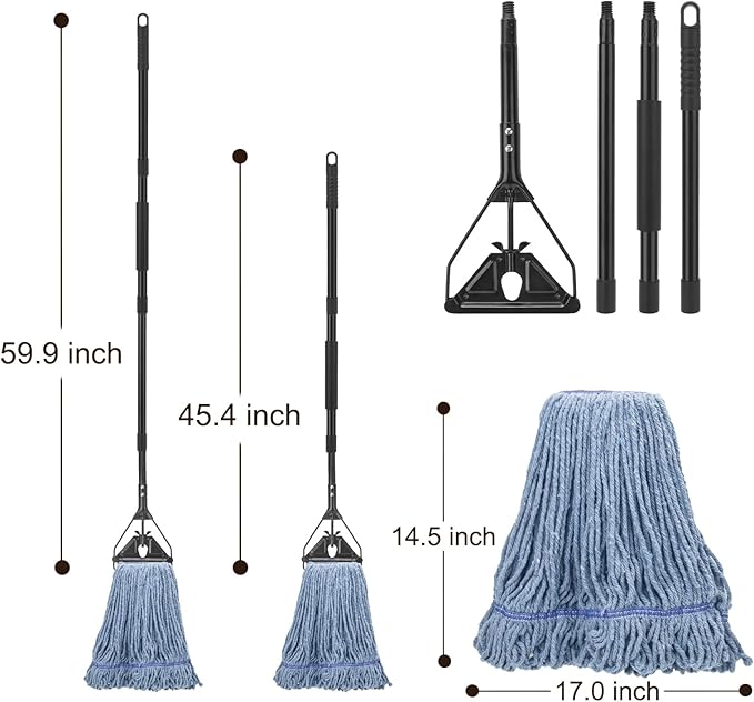 Commercial Industrial Mop for Floor Cleaning 3 Extra Large Reusable Replacement Head with 59 Long HandleHeavy Duty Looped-End String Wet Cotton Mop for HouseKitchenOfficeGarageTile Floor
