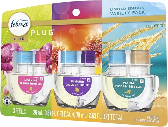 Febreeze Spring Summer Nights Variety Pack 3 Refill Plug In Limited Edition Scents | Morning Spring Showers | Summer Golden Hour | Warm Ocean Breeze (Summer Nights Variety 3-Pack)