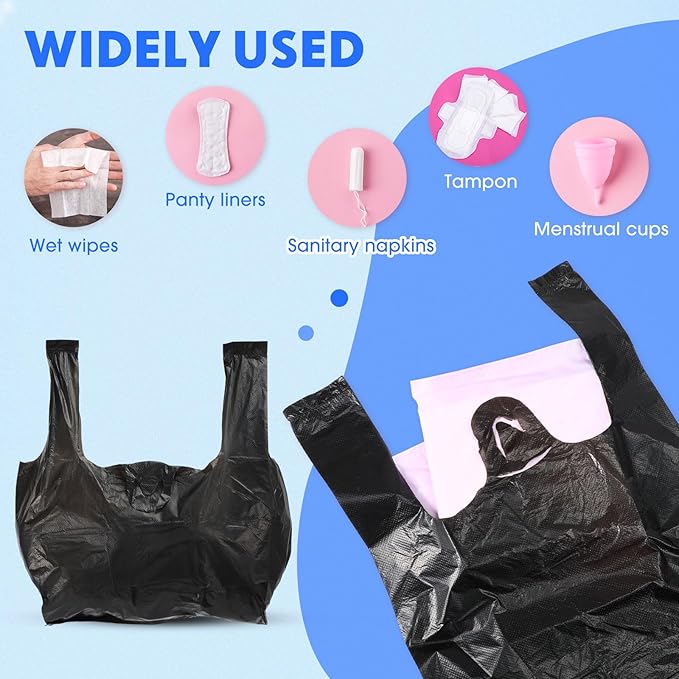 2000 Pcs Sanitary Napkin Disposal Bags with Handles Sanitary Disposal Bag 10.2 x 7.1inch Black Trash Bags Women Personal Waste Bag for Tampons Pads Liners (Black)