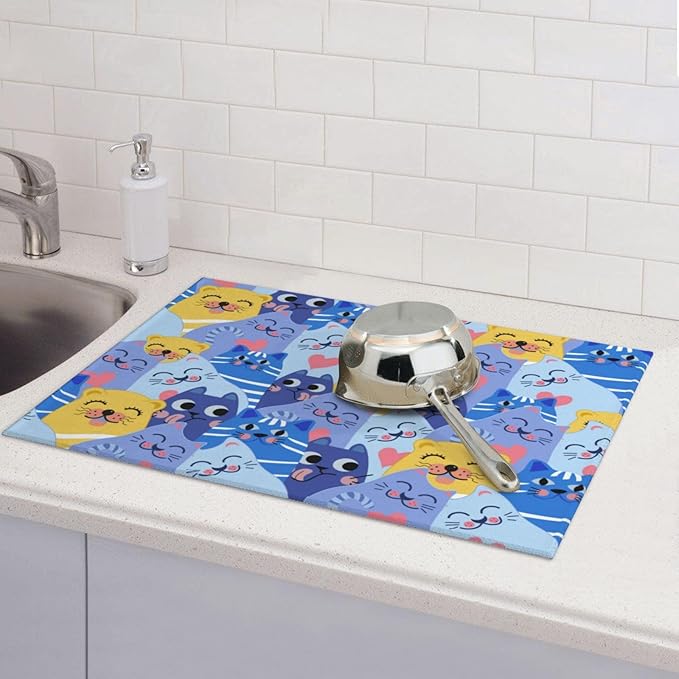Cute Cats Dish Drying Mat for Kitchen Counter Large 18x24in Absorbent Drainer Dry Pad for Coffee Bar Decor