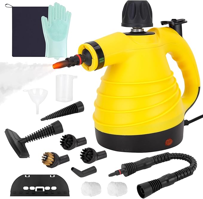 Handheld Steam Cleaner with 12pcs Accessories &amp Safety LockMulti-Purpose &amp Powerful Home Use Pressurized Steamer for CleaningCar Bathroom Shower Upholstery Grout Window Grime Grease