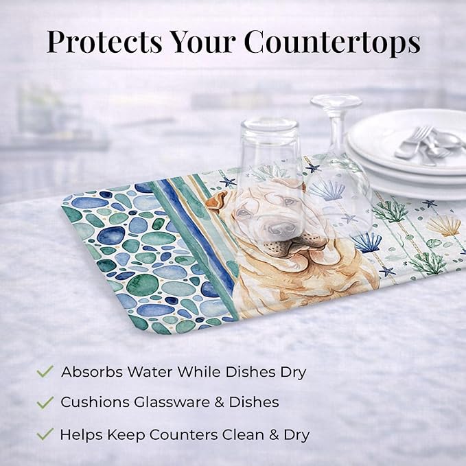 Caroline's Treasures Shar Pei Coastal Sea Glass Dish Drying Mat Absorbent Dish Drying Mat Pad for Kitchen Counter Dish Drainer Mat for Countertop 14 x 21 Multicolor