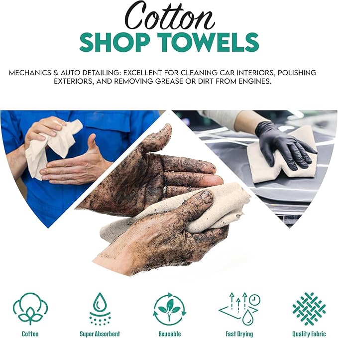 ZUPERIA Cotton Shop Towel – Multipurpose Cleaning Cloths (14 x 12 - Pack of 150 - White) Reusable Shop Rags for Automobiles Industrial Restaurants Garage and Homes