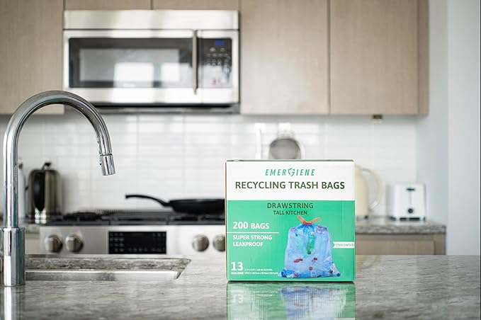 13 Gallon Recycling Trash Bags 200 Count Drawstring Tall Kitchen Garbage Bags Pre-Separated Unscented Ultra Strong Leakproof Sturdy Translucent Blue