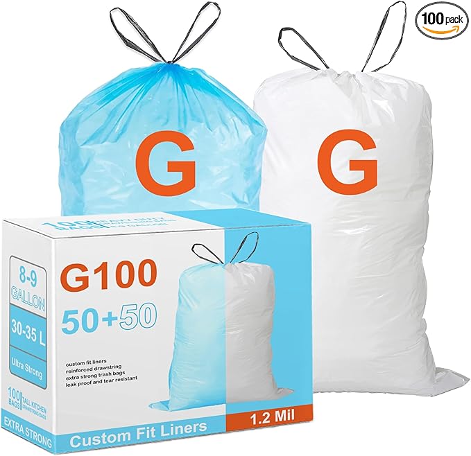 Code G 100 Count Compatible with simpIehuman Code G 8-9 Gallon 1.2 Mil THICK Heavy Duty Plastic Trash Bags with Reinforced Drawstring Leak-Proof Tear Resistant White 50 &amp Blue 50 GRAND SAVE!