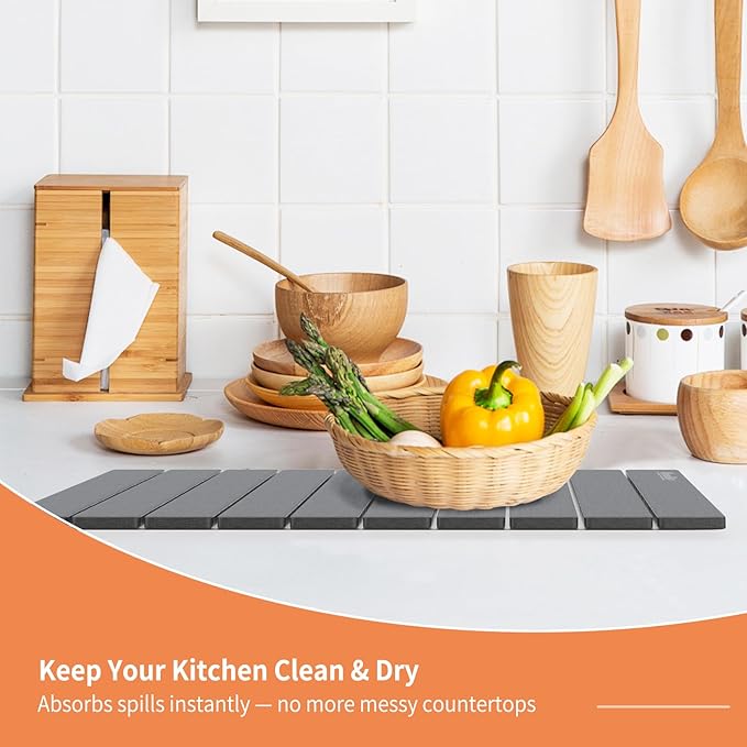 HotFox Dish Drying Mat for Kitchen Counter – Quick Dry Stone Drying Mat Foldable Diatomaceous Earth Pad Non-Slip Kitchen Sink Drying Mat Large Fast Drying Stone Mat for Dishes Coffee Maker Grey
