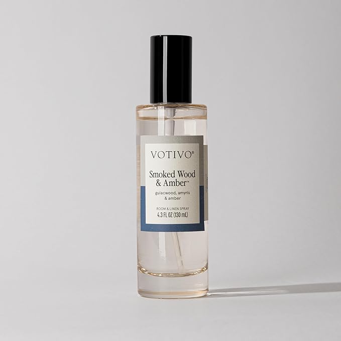 Votivo Smoked Wood &amp Amber 4.3 oz Room &amp Linen Spray | Woody Scented Air Freshener for Linens &amp Living Areas | Premium Long Lasting Fragrance