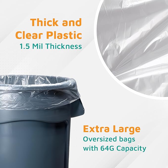 PlasticMill Heavy Duty Trash Bags - Clear Garbage Bags - Plastic Trash Bags - Tall Trash Bags Trash Can Liners - 64-Gallon Large Kitchen Trash Bags 1.5 Mil 50x60 (50-Count)