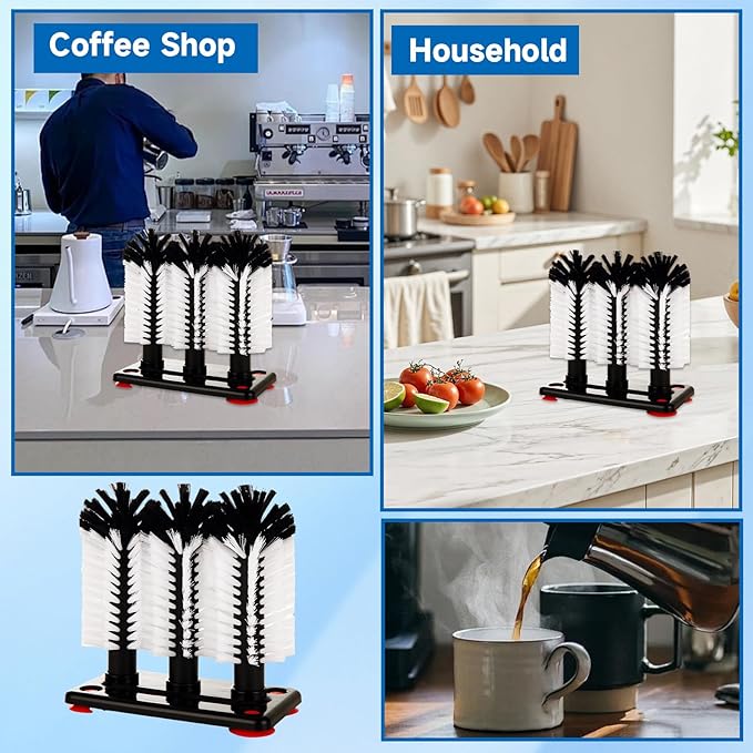 STARVAST 2Pcs Water Bottle Cleaning Brush with Suction Base Black 3 Head Bristle Bar Glass Washer Cup Washer Brush Cleaner for Bar Beer Cup Wine Glass(7.3 x 3.7 x 7.6) Inch