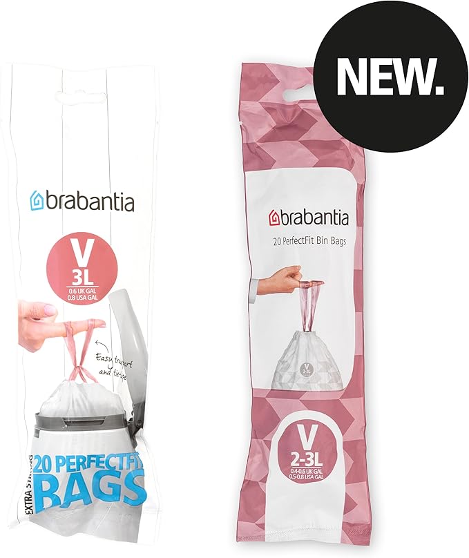 Brabantia PerfectFit Trash Bags (Size V / 0.8 Gallon) High Quality Thick Plastic Trash Can Liners with Tie Tape Drawstring Handles (20 Bags)