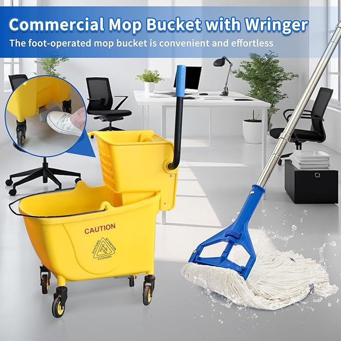 35QT Side-Press Mop Bucket and Wringer Combo on Wheels YellowIncluding One Heavy Duty Industrial Mop and One Set Large Rubber Cleaning Gloves