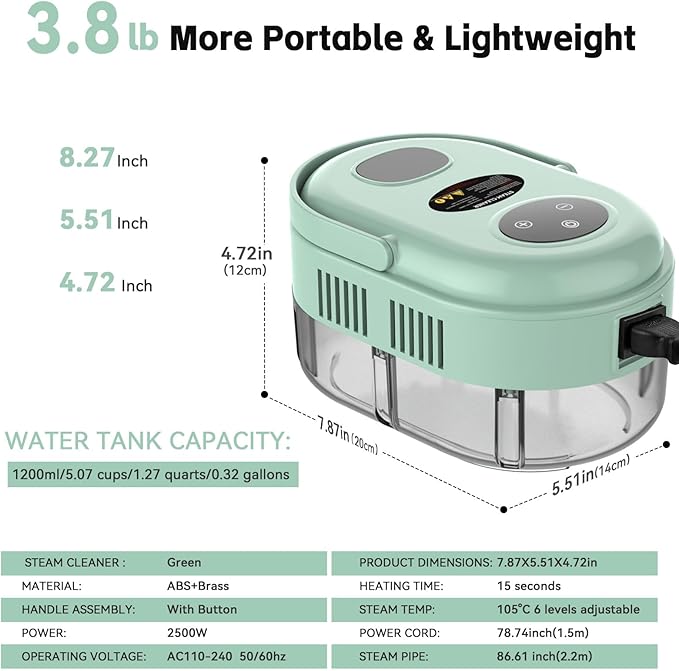 Steam Cleaner Handheld 2500W Pressurized Heating Steamer for CleaningMulti-Purpose Steamer for Home Use with Water Tank Steam Cleaner for Dirt GreaseGroutTile FloorCouchCarGreen