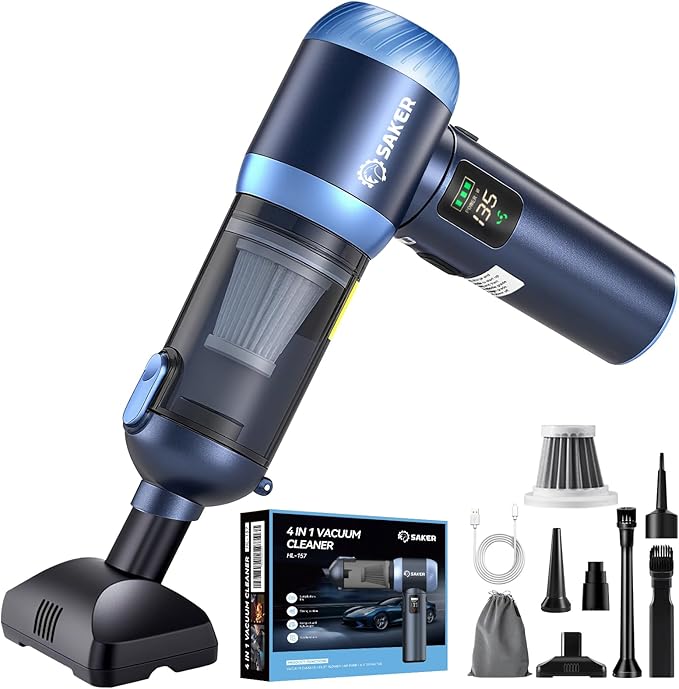 Saker Car Vacuum Portable Cordless 20000Pa Suction Power 4 in 1 Handheld Vacuum with LED Light Type-C Portable Mini Vacuums for Gifts Car Home Office Pet HL157 Blue