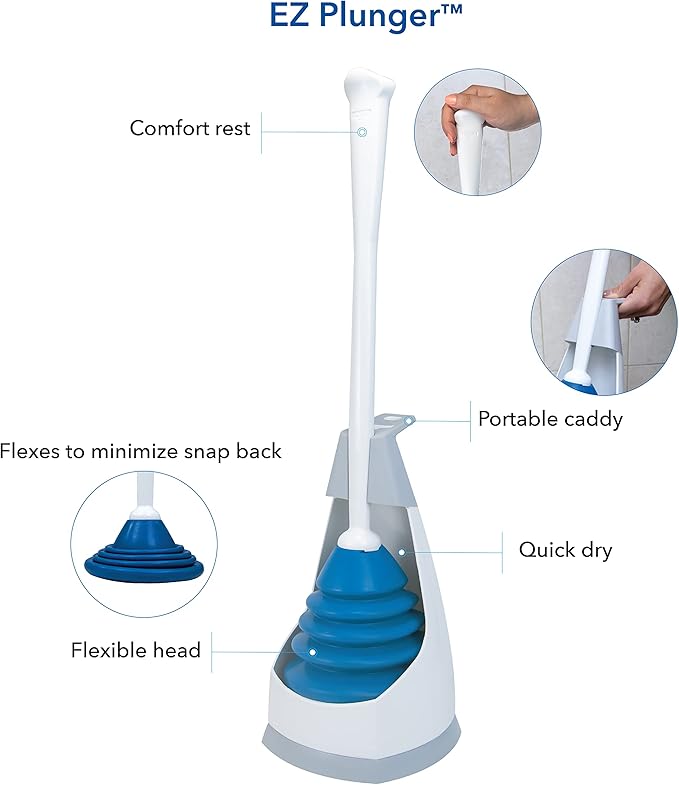 Unger EZ Plunger with No-Drip Carrying Caddy Tight Seal Toilet Bowl Tool with Portable Holder Discreet Bathroom Cleaning Supplies Declogger with Cover Accordion Shape for Less Splash Back