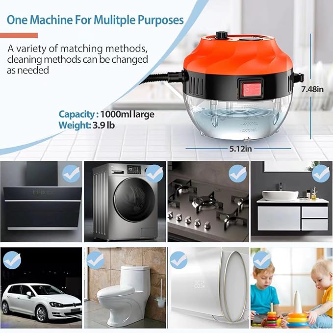 2500W Domestic High Pressure Handheld Steam Cleaner with 3 Brush Heads Portable Grout Steamer for Cleaning Upholstery Kitchens Bathrooms and Hard Surfaces
