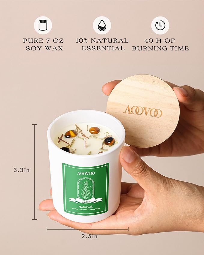 AOOVOO Holiday Candles Set for Women - 4 Pack Candles for Home Scented Aromatherapy Candle with Crystals 28 oz 200 Hour Long Lasting Candle Winter Fragrance of Cedar Fir Hot Cocoa Vanilla Cake