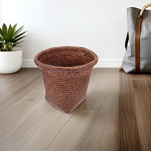 Vintage Straw Woven Wastebasket Office Trash Can with Natural Sustainable Material Smooth Edges for Bedroom Home Storage and Decorative Use