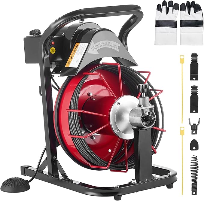 VEVOR Drain Cleaner Machine 50 FT x 5/16 Inch Auto Feed Sewer Snake Auger with 4 Cutters &amp Air-Activated Foot Switch for 2 to 4 Pipes