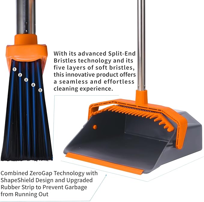 Broom and Dustpan Set with 51'' Long Handle Upright Broom and Dustpan Combo for Home Kitchen Office Restaurant Garage Lobby Dog Cat Pets Hair - Grey and Orange