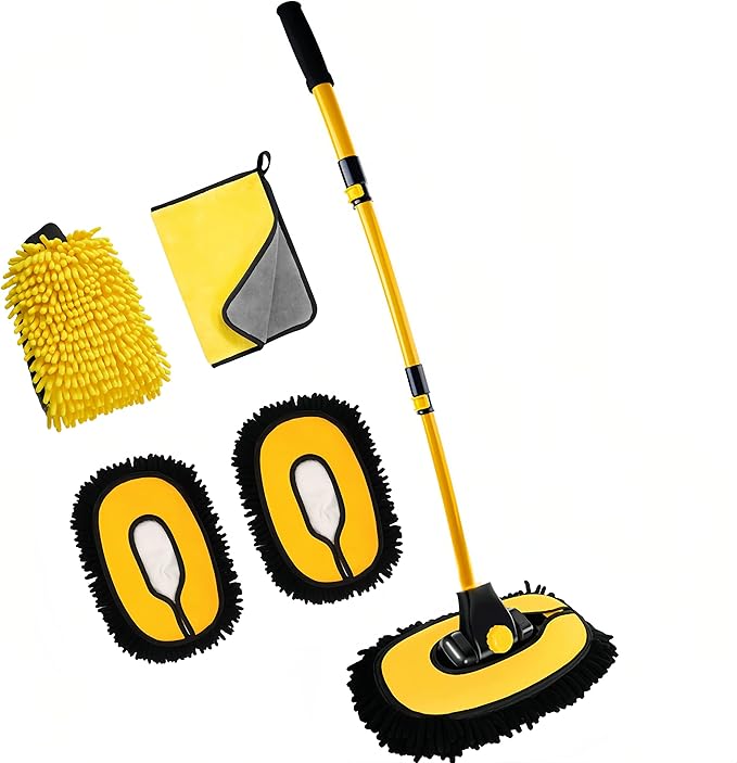 Upgrade Car Wash Brush Mop with Long HandleChenille Microfiber Car Wash Brush Car Cleaning Brush Kit Car Wash Mop Supplies Car Washing Brush with Scratch-Free Replacement Head